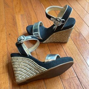 🍰 Maypol black linen and silver detail wedge ankle strap espadrille: